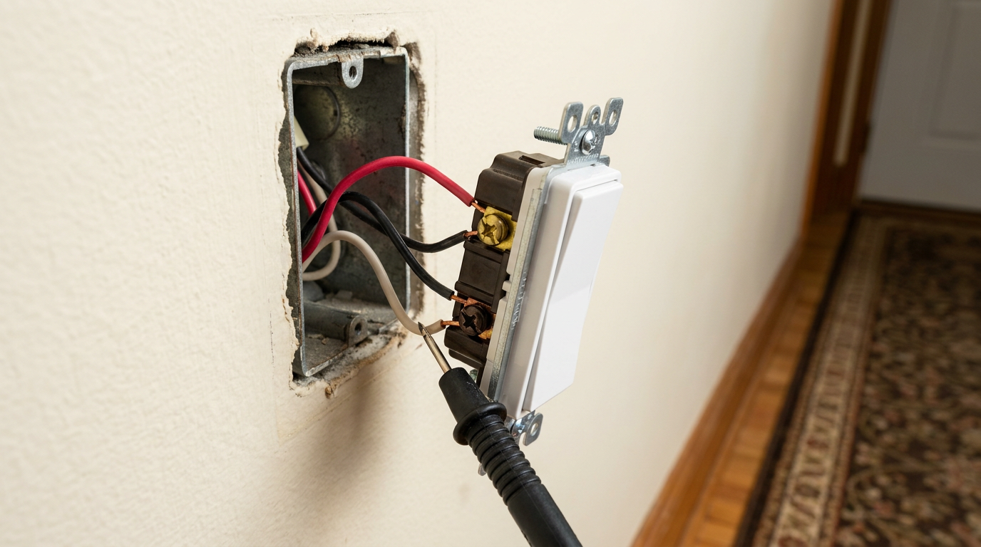 Three-way light switch pulled out of a drywall box showing traveler and common wiring terminals