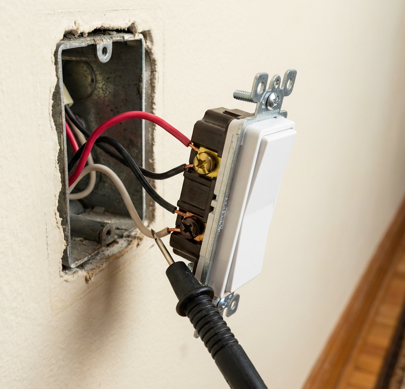 Three-way light switch pulled out of a drywall box showing traveler and common wiring terminals