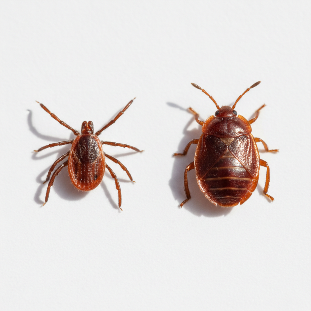 Close-up comparison of an adult tick and an adult bed bug to show their differences.