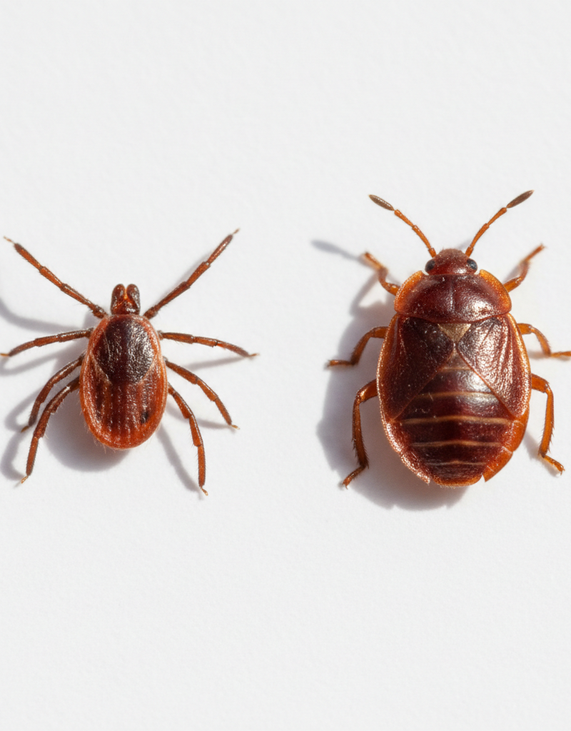 Close-up comparison of an adult tick and an adult bed bug to show their differences.