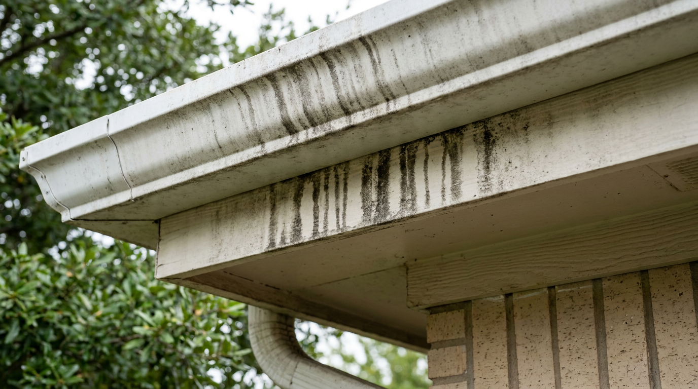 Close-up of ugly black streaks, known as tiger striping, on a white rain gutter.