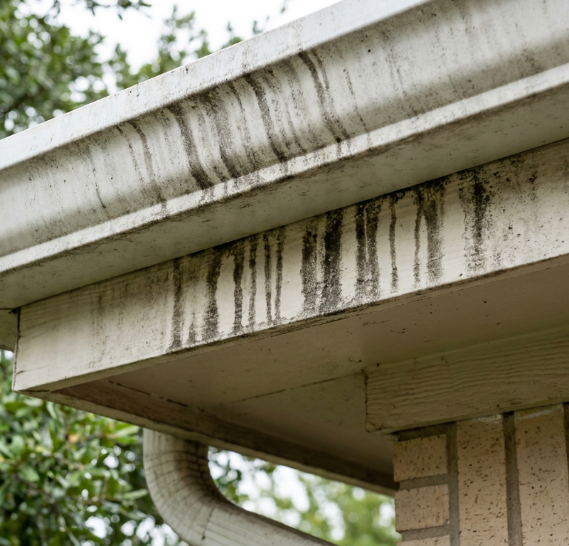 Close-up of ugly black streaks, known as tiger striping, on a white rain gutter.