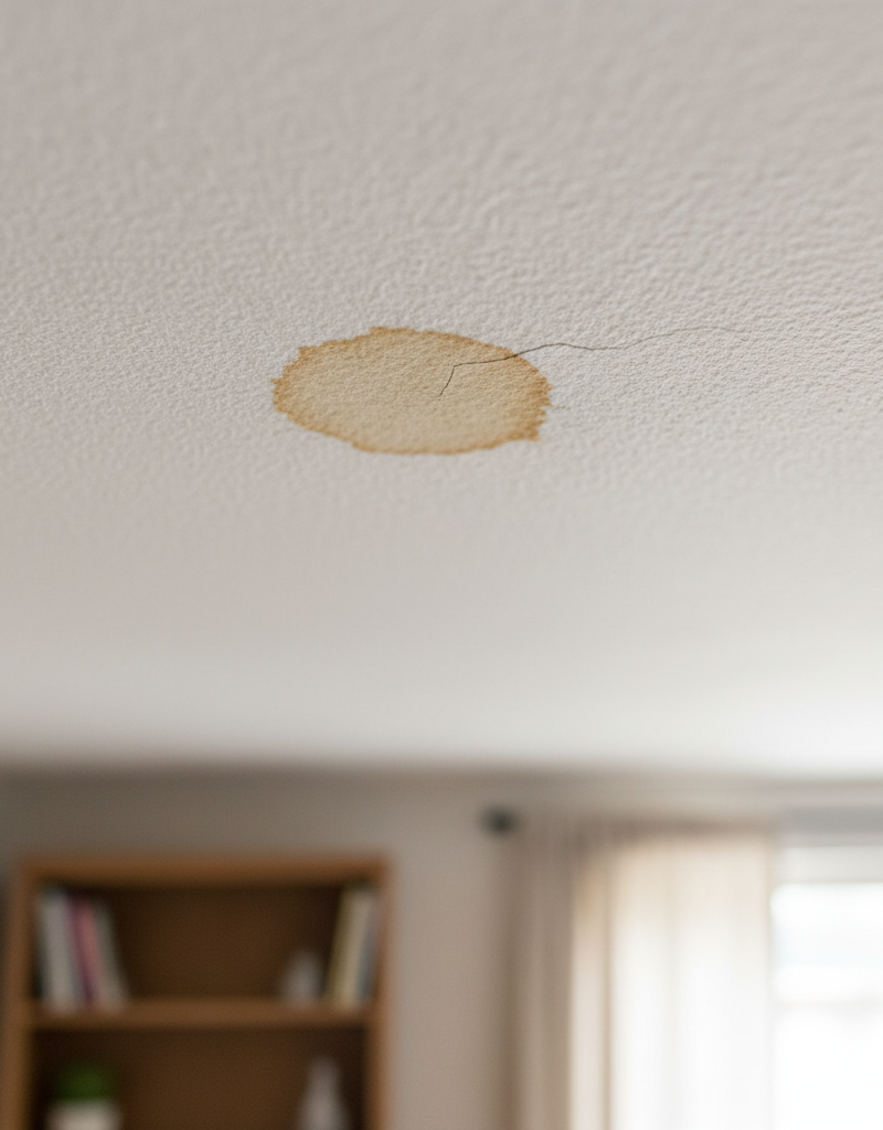 Small, discolored water stain spreading on a white ceiling, indicating a hidden roof leak