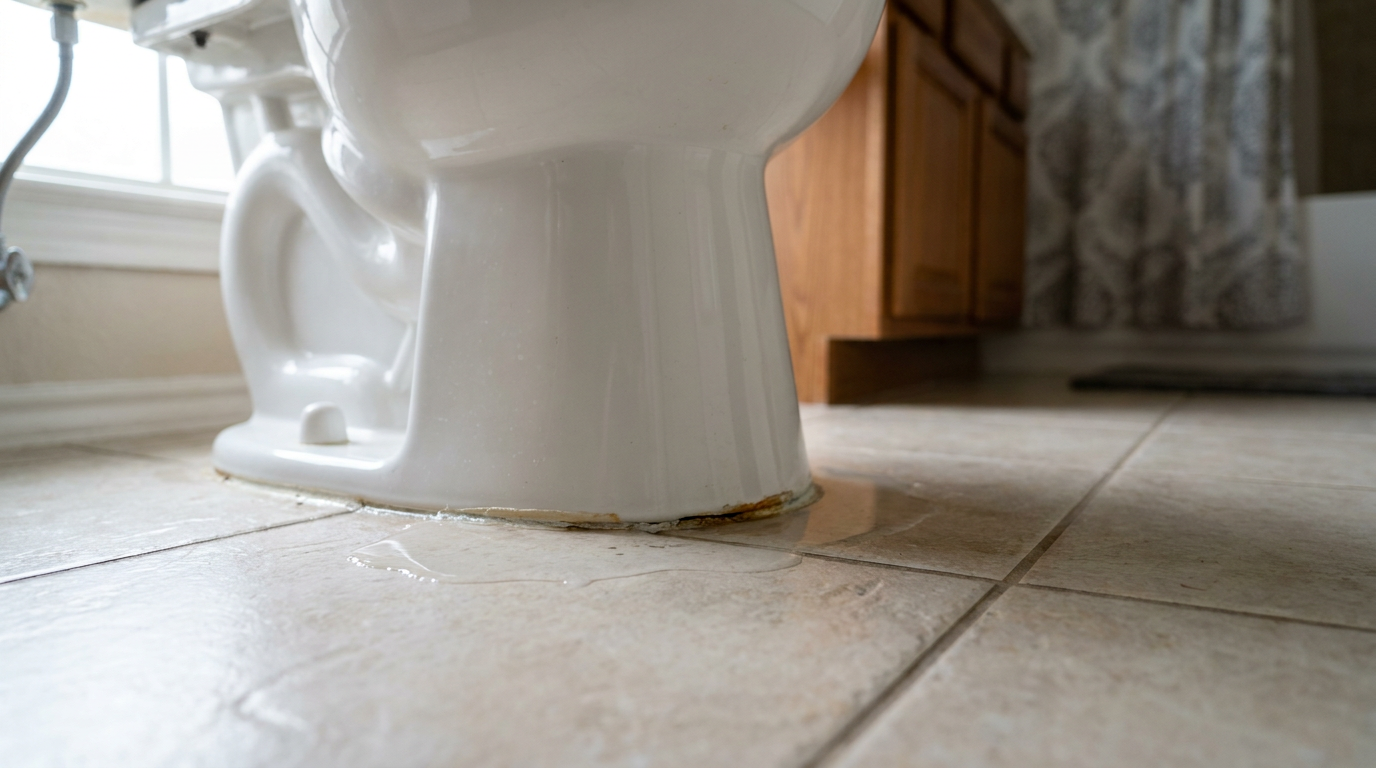 A pool of water leaking from the base of a toilet, indicating a failed wax ring seal.