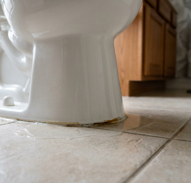 A pool of water leaking from the base of a toilet, indicating a failed wax ring seal.