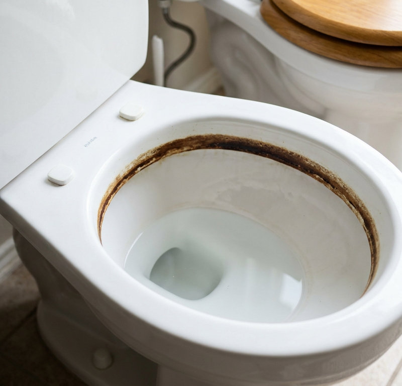 A stubborn brown hard water ring staining the inside of a clean white toilet bowl at the waterline.