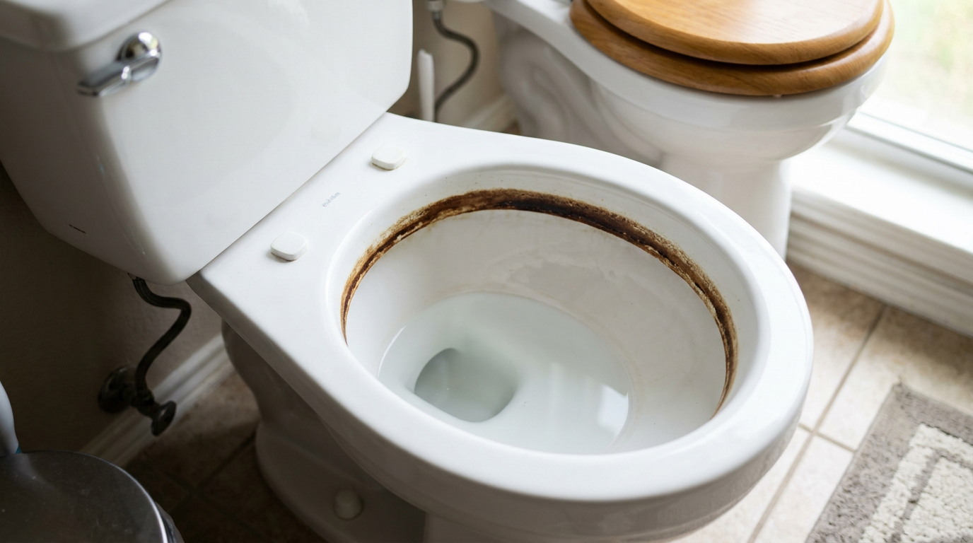 A stubborn brown hard water ring staining the inside of a clean white toilet bowl at the waterline.