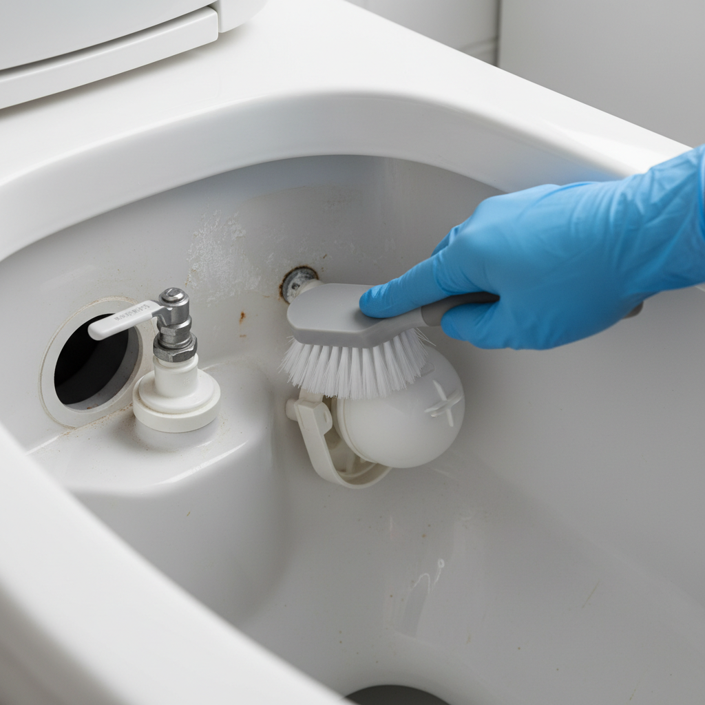 Homeowner scrubbing the inside of a toilet tank with a brush to remove mineral deposits and gunk.