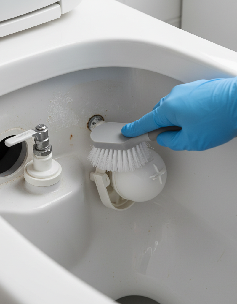 Homeowner scrubbing the inside of a toilet tank with a brush to remove mineral deposits and gunk.