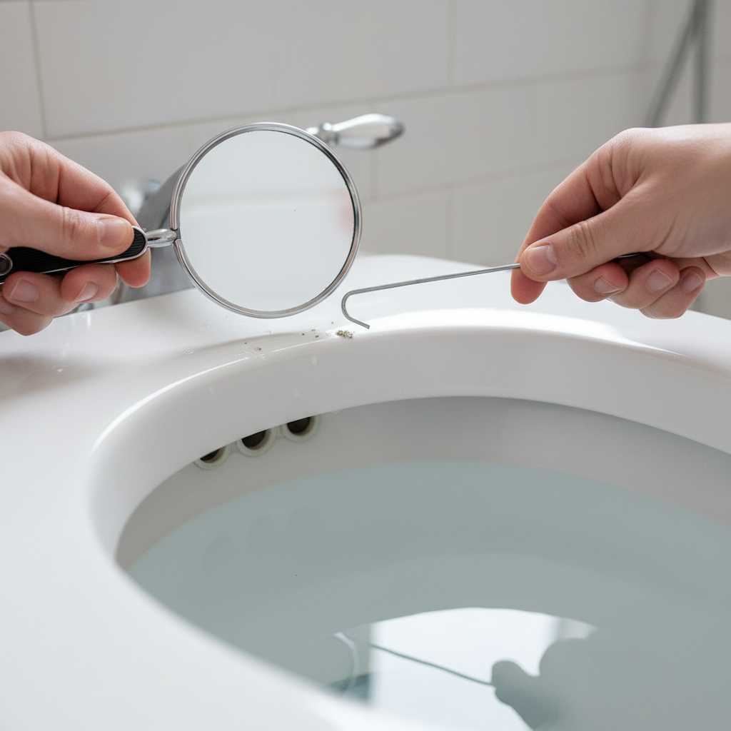 Homeowner using a wire hanger and mirror to clean mineral deposits from under the rim of a toilet bowl to fix frequent clogs.