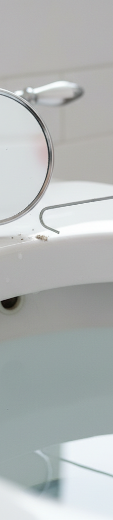 Homeowner using a wire hanger and mirror to clean mineral deposits from under the rim of a toilet bowl to fix frequent clogs.