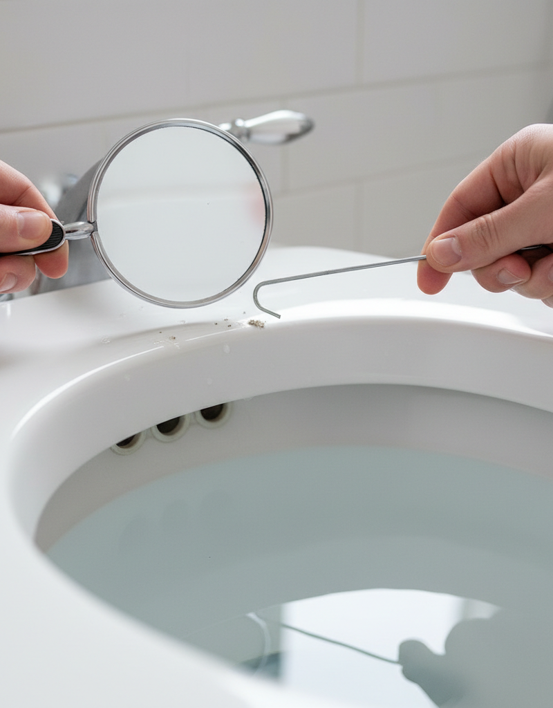 Homeowner using a wire hanger and mirror to clean mineral deposits from under the rim of a toilet bowl to fix frequent clogs.