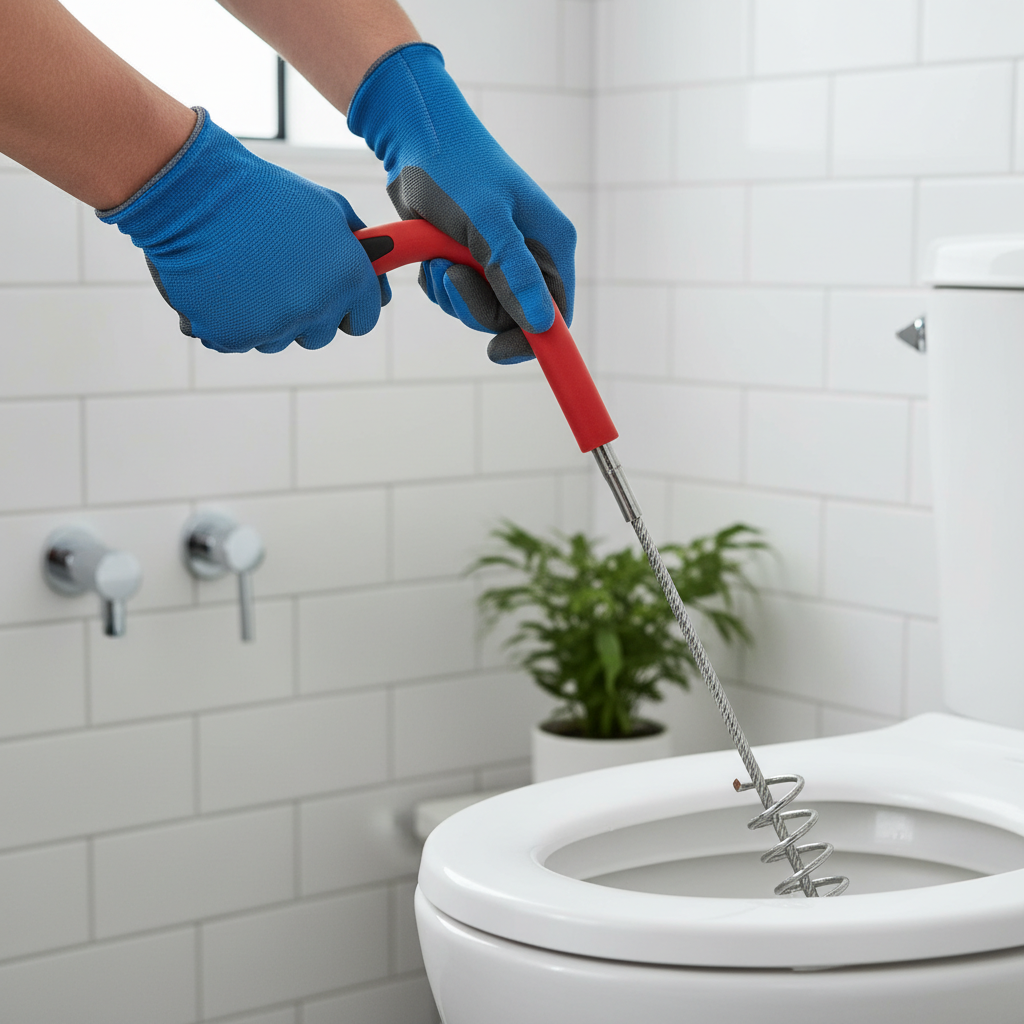 Homeowner using a closet auger to clear a recurring toilet clog.