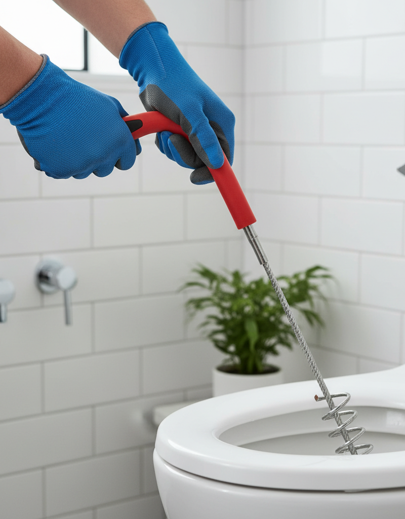 Homeowner using a closet auger to clear a recurring toilet clog.