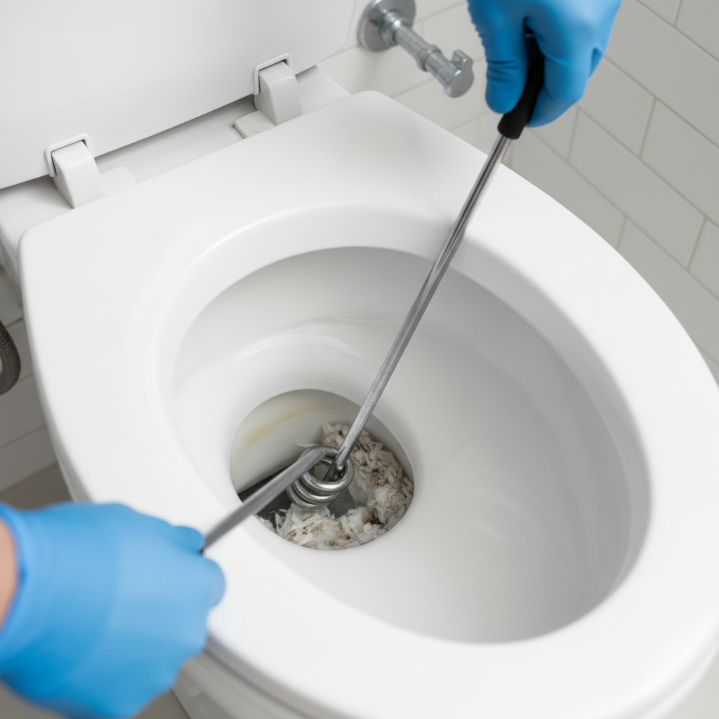 Homeowner inspecting the inside of a toilet bowl to find the cause of frequent clogging