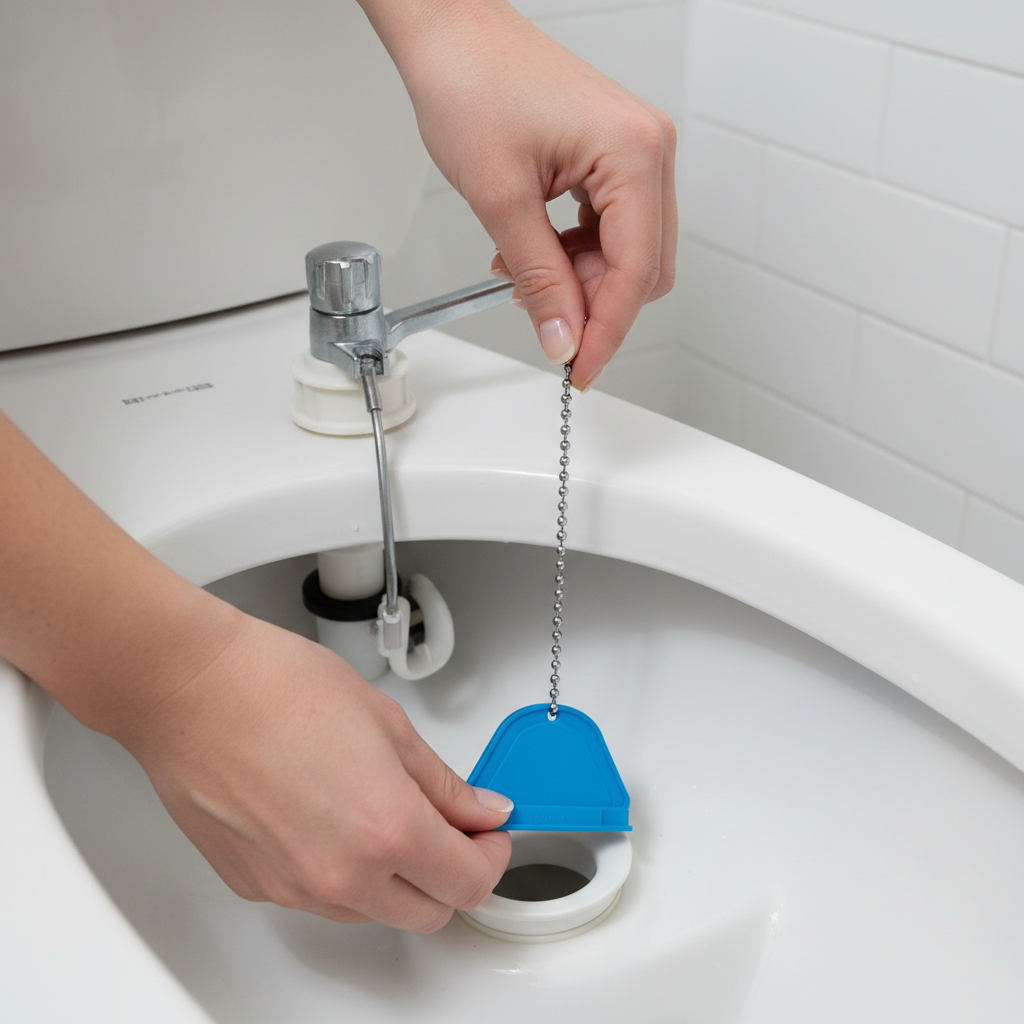 Homeowner's hands adjusting the flapper inside a toilet tank to fix recurring clogs