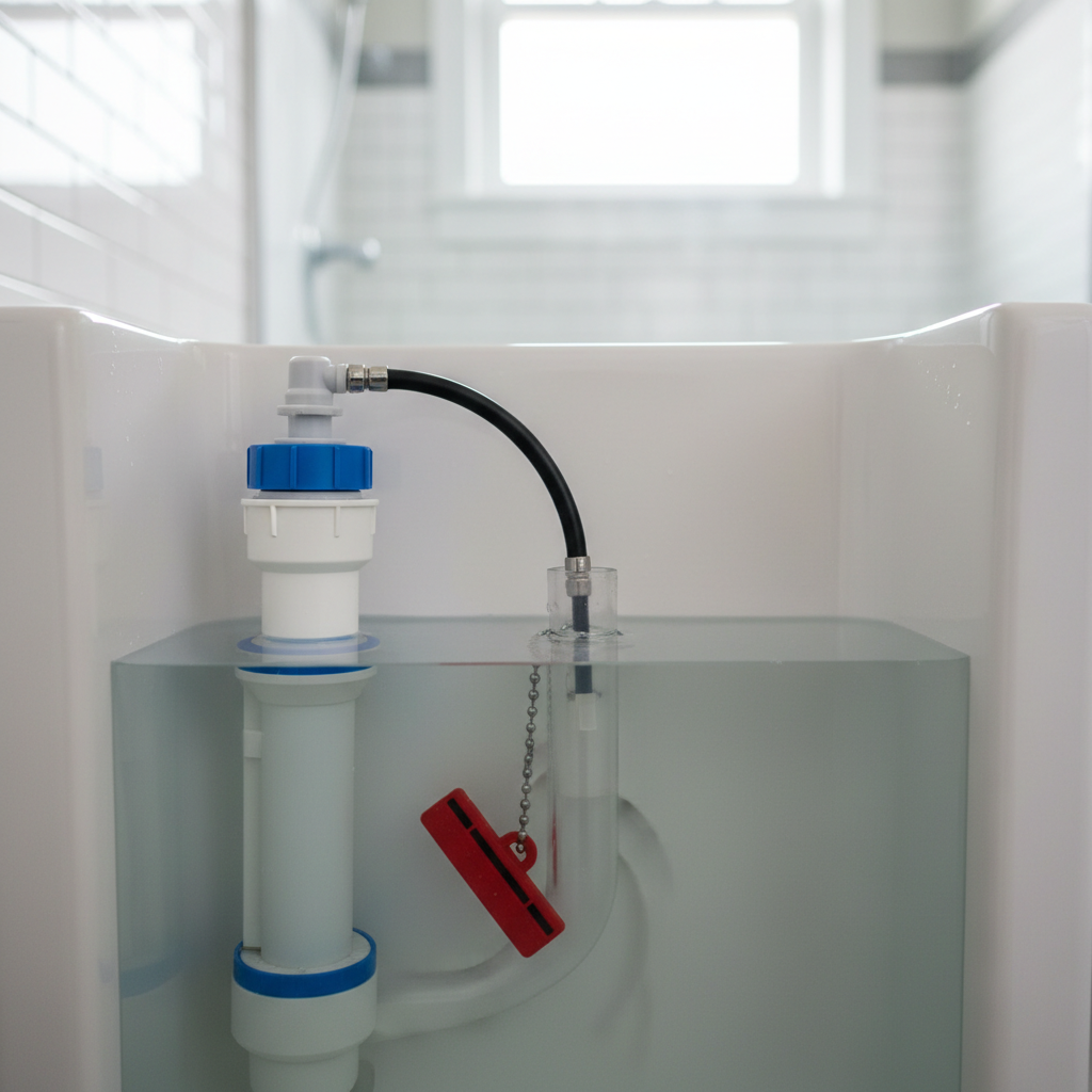 Inside view of a toilet tank showing the water level, flapper, and fill valve