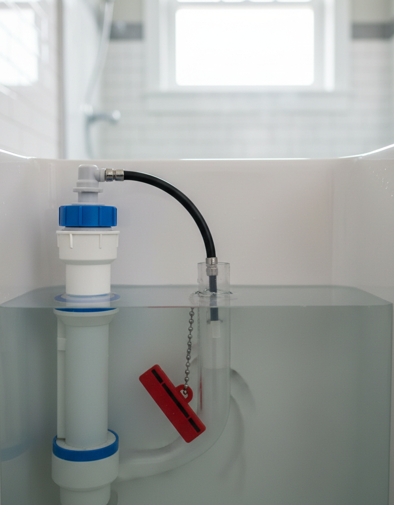 Inside view of a toilet tank showing the water level, flapper, and fill valve