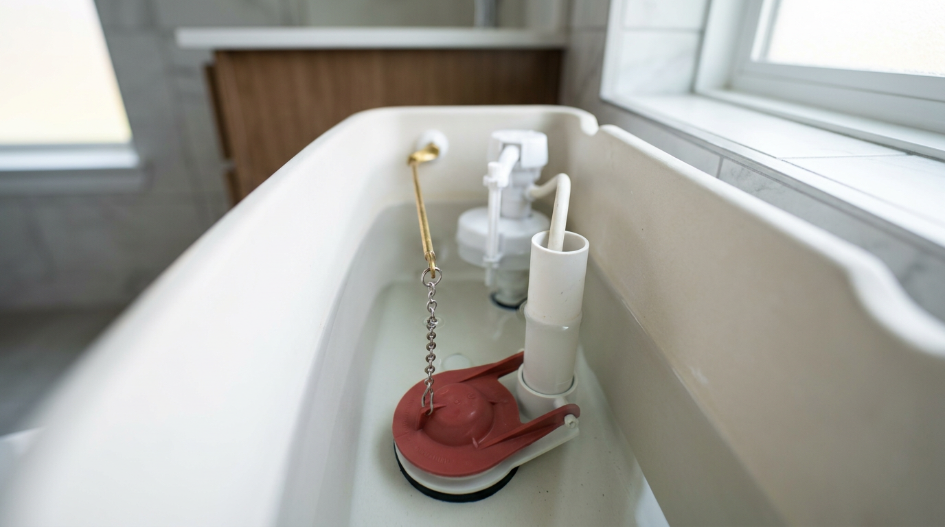 The internal components of a toilet tank, showing the flapper and fill valve responsible for ghost flushing.