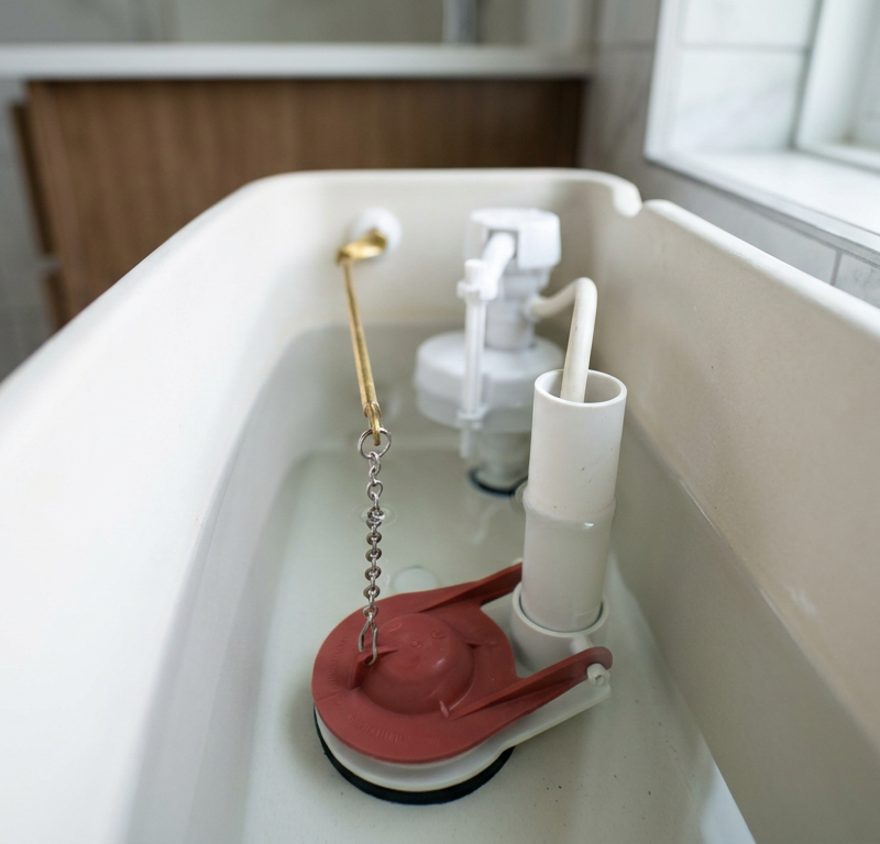 The internal components of a toilet tank, showing the flapper and fill valve responsible for ghost flushing.