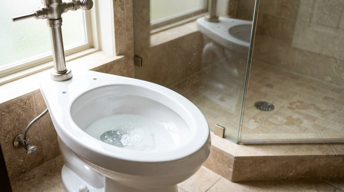 A white toilet in a modern bathroom with bubbles in the bowl, indicating a gurgling sound caused by a plumbing vent issue.