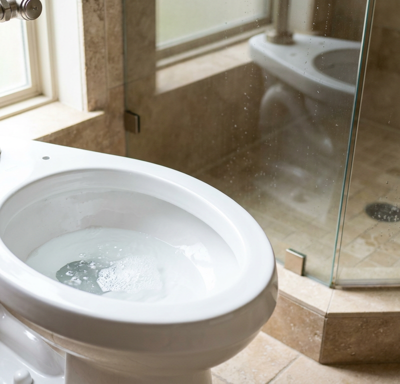 A white toilet in a modern bathroom with bubbles in the bowl, indicating a gurgling sound caused by a plumbing vent issue.
