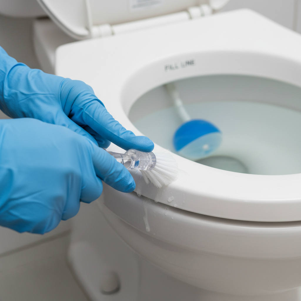 Homeowner cleaning toilet rim jets to fix recurring clogs