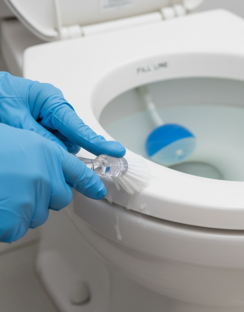 Homeowner cleaning toilet rim jets to fix recurring clogs