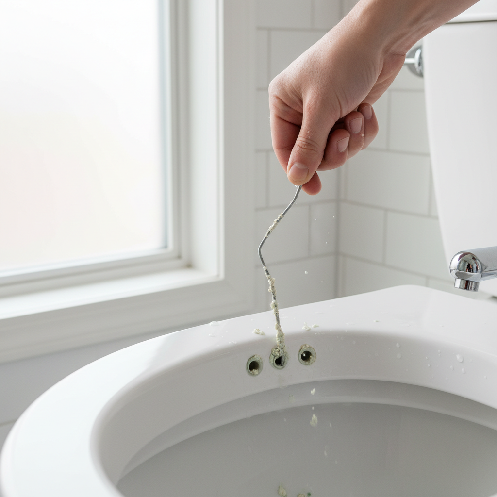 Hand clearing mineral deposits from toilet rim jets with a wire to fix a clogs