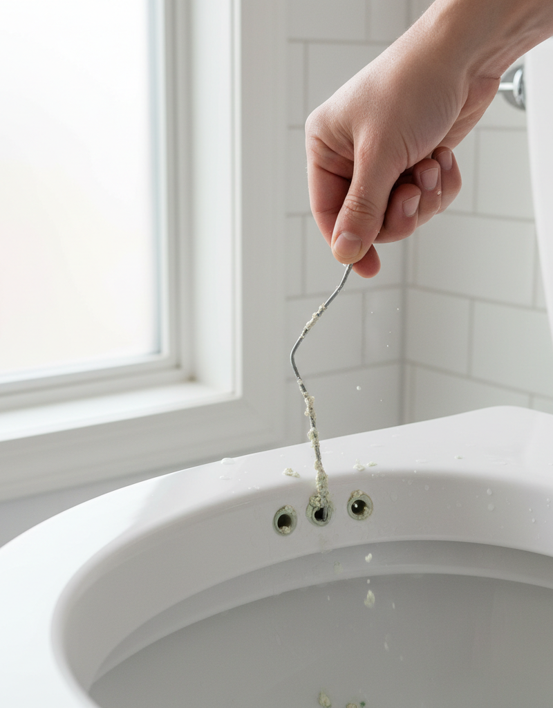 Hand clearing mineral deposits from toilet rim jets with a wire to fix a clogs