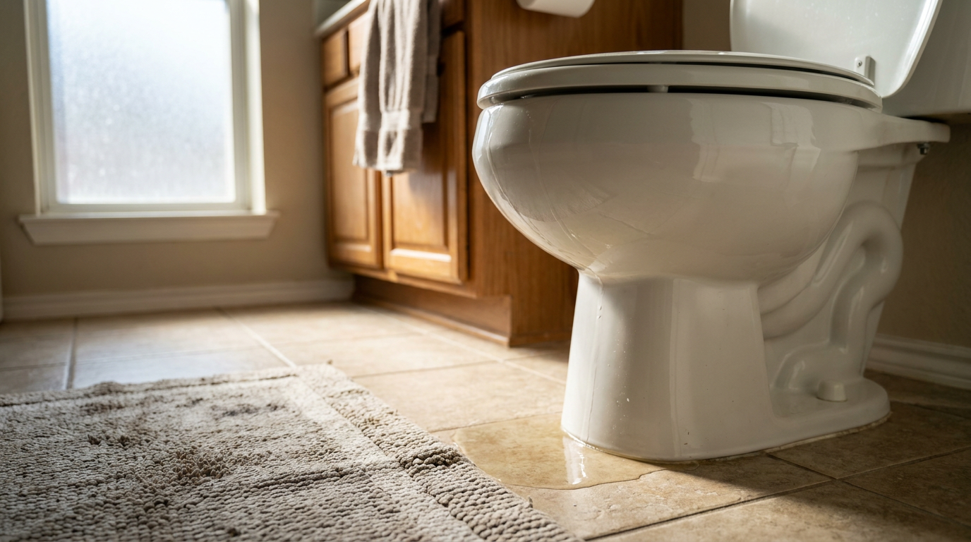 A clogged toilet with water risen to the brim of the bowl, indicating a plumbing blockage that needs to be fixed.
