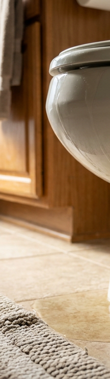 A clogged toilet with water risen to the brim of the bowl, indicating a plumbing blockage that needs to be fixed.