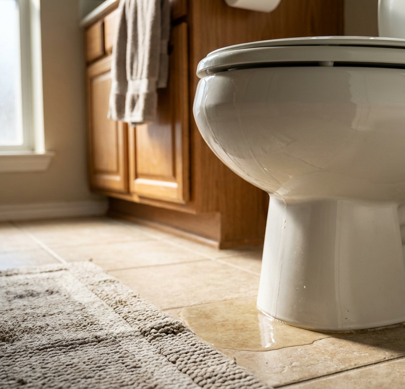 A clogged toilet with water risen to the brim of the bowl, indicating a plumbing blockage that needs to be fixed.
