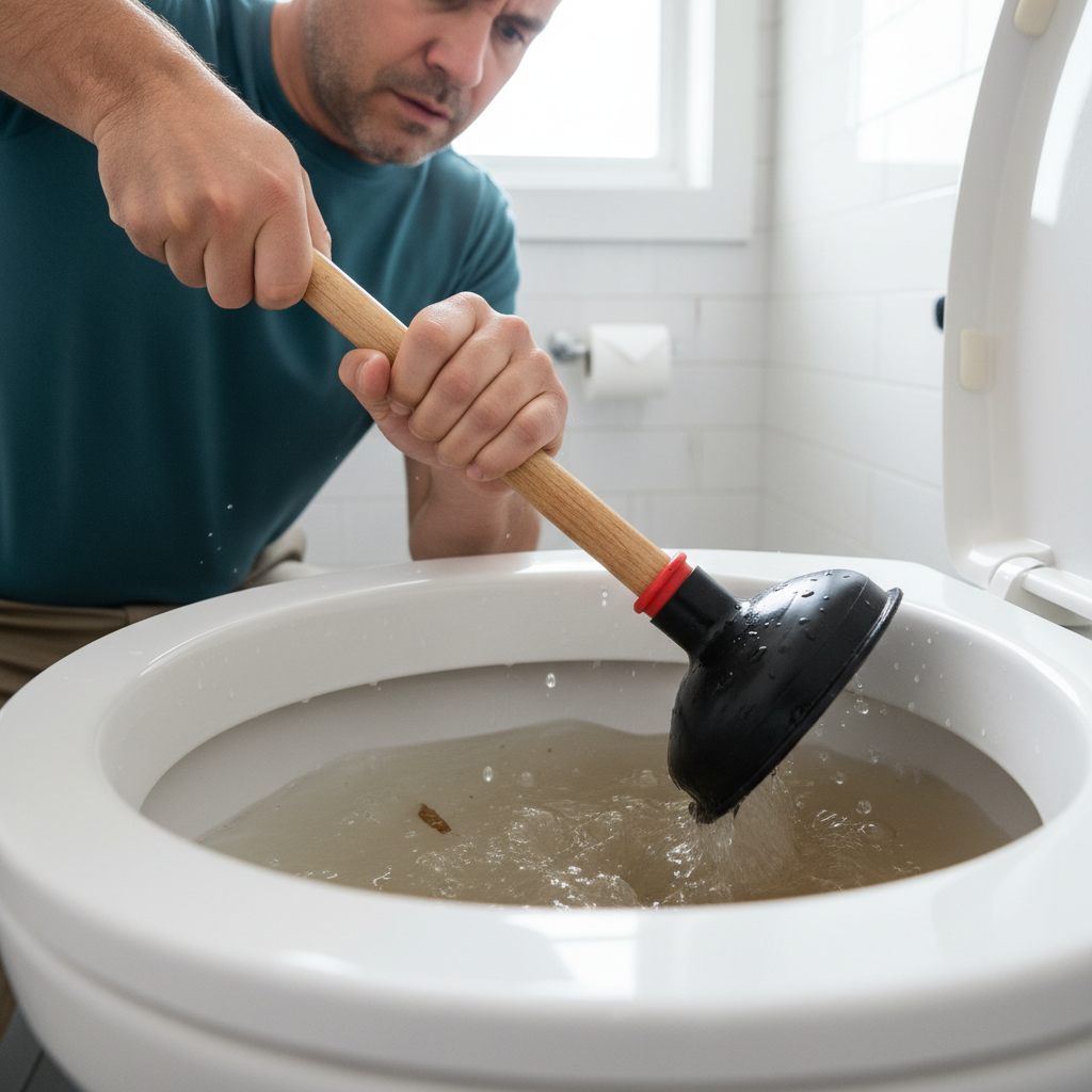 Homeowner using a red flange plunger to clear a stubborn toilet clog.