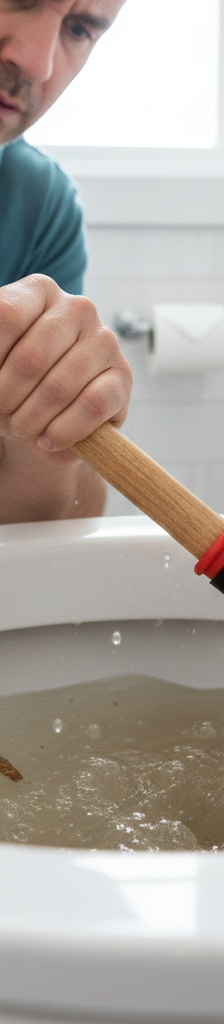 Homeowner using a red flange plunger to clear a stubborn toilet clog.