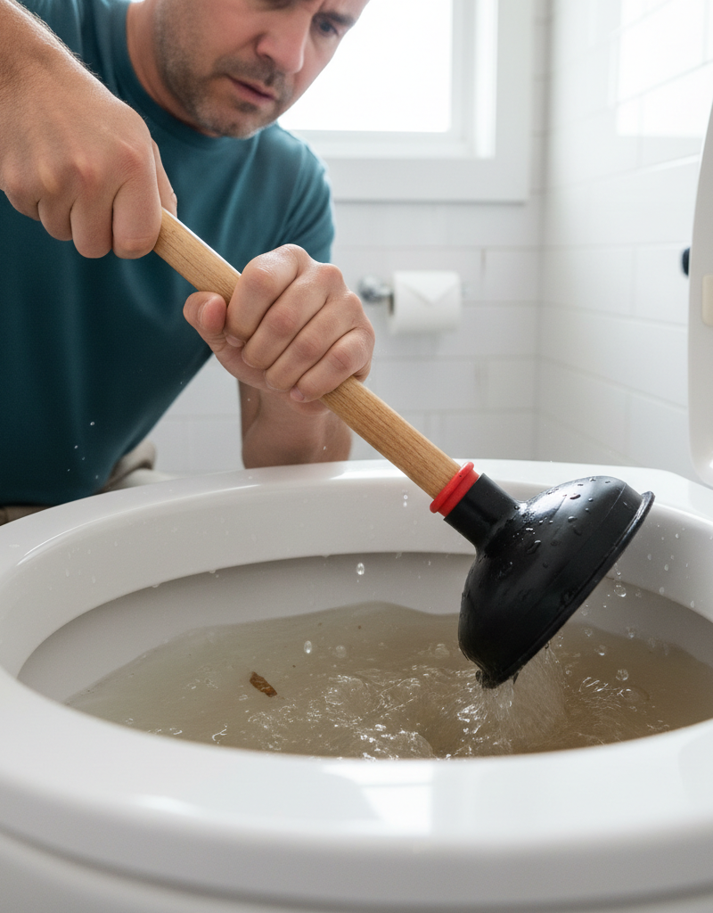 Homeowner using a red flange plunger to clear a stubborn toilet clog.