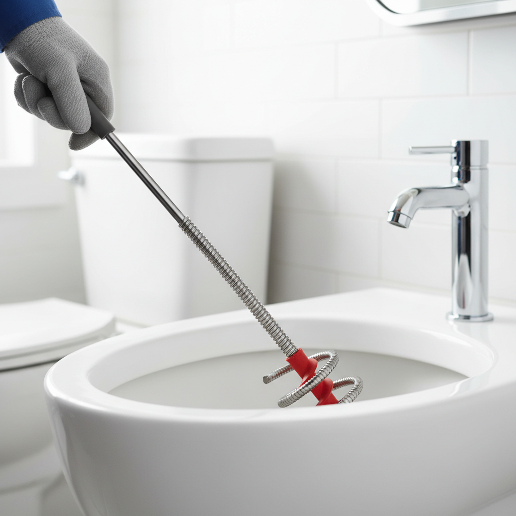 Plumber's auger clearing a stubborn clog in a toilet bowl's trapway.