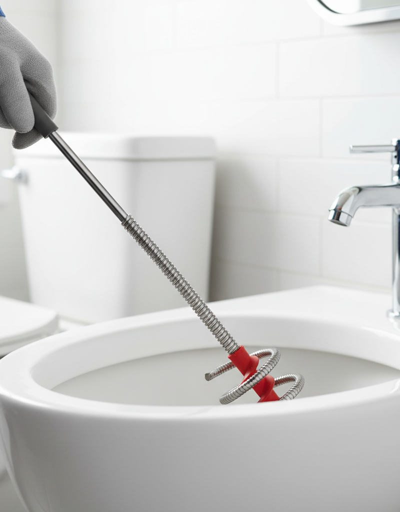 Plumber's auger clearing a stubborn clog in a toilet bowl's trapway.