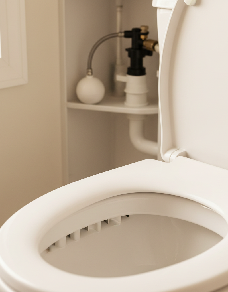 Close-up of a toilet tank interior and bowl rim jets, illustrating common clog points