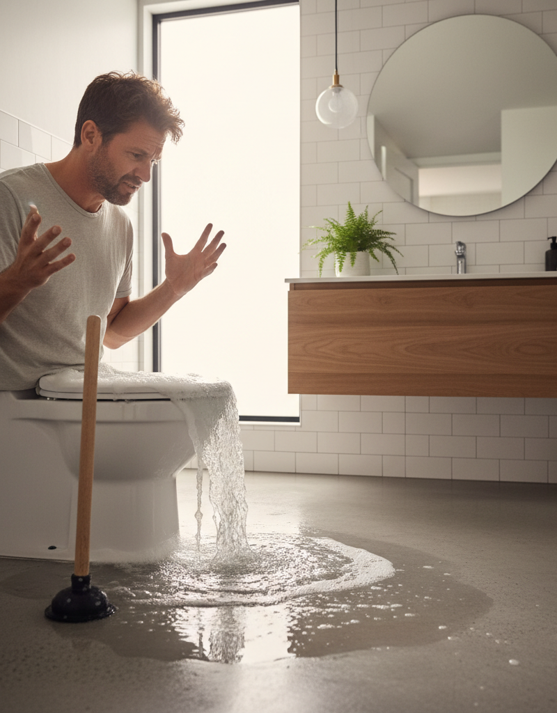 Frustrated homeowner looking at a constantly clogging toilet, a plunger sitting on the floor.
