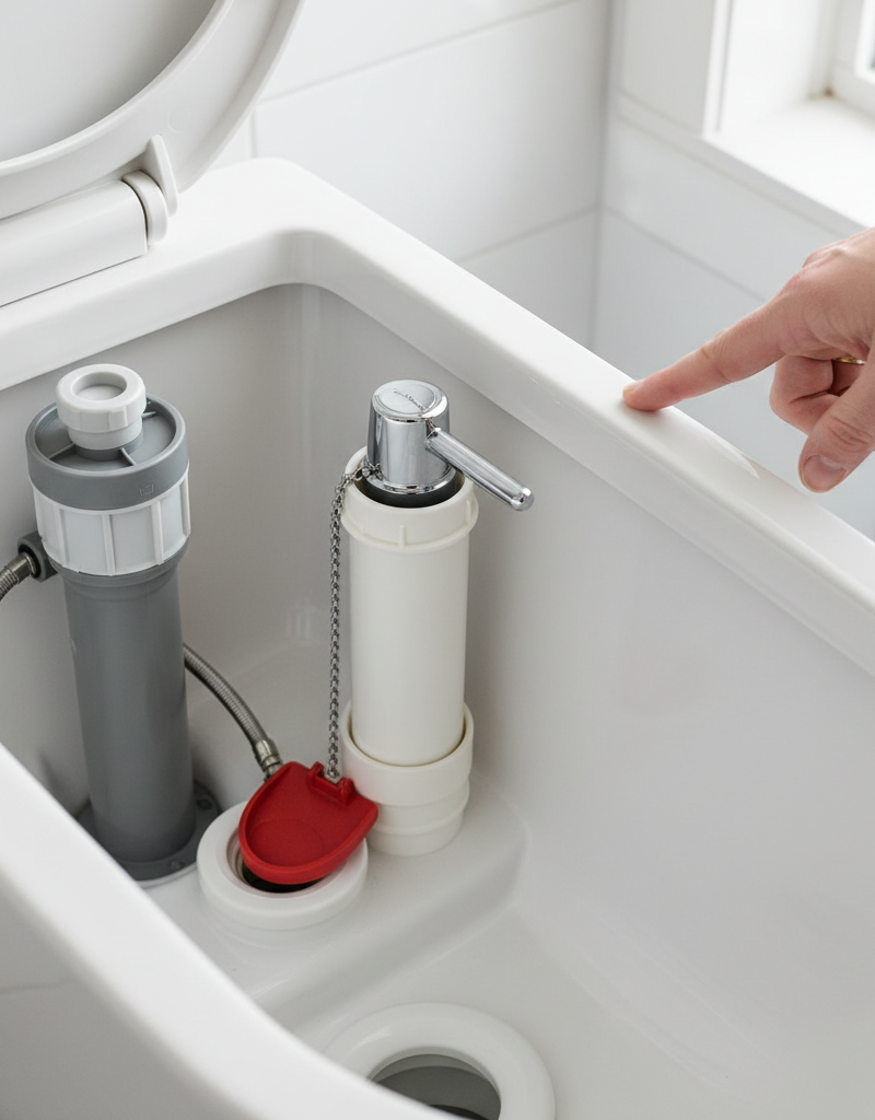 Inside view of a toilet tank with the lid off, showing the flapper and fill valve