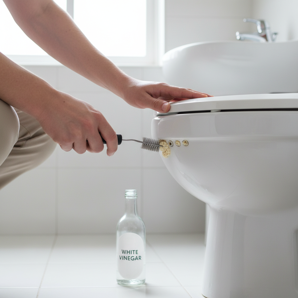 Homeowner cleaning mineral buildup from toilet rim jets with a wire brush to fix recurring clogs