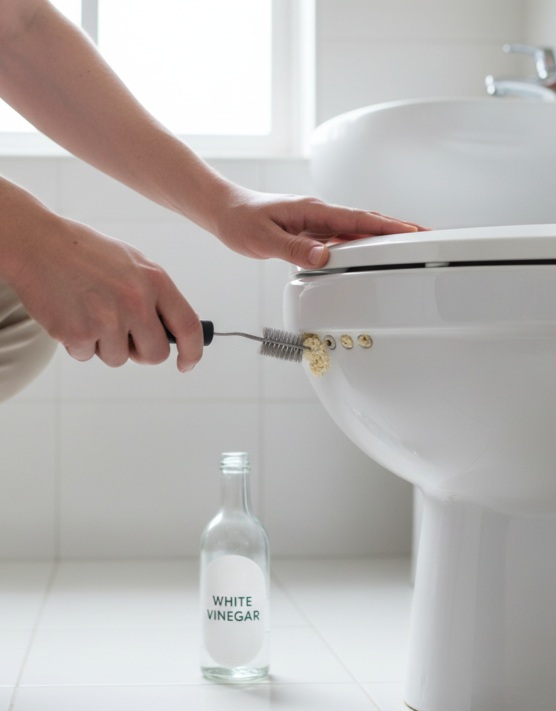 Homeowner cleaning mineral buildup from toilet rim jets with a wire brush to fix recurring clogs