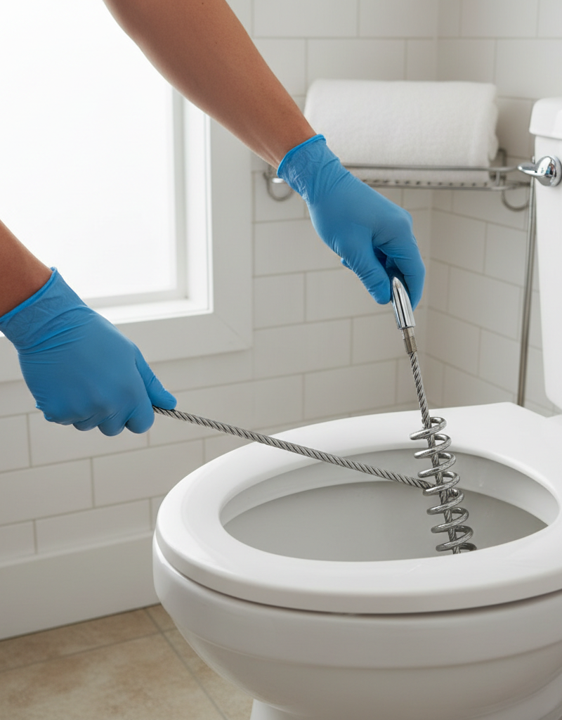 Homeowner using a toilet auger to clear a recurring toilet clog