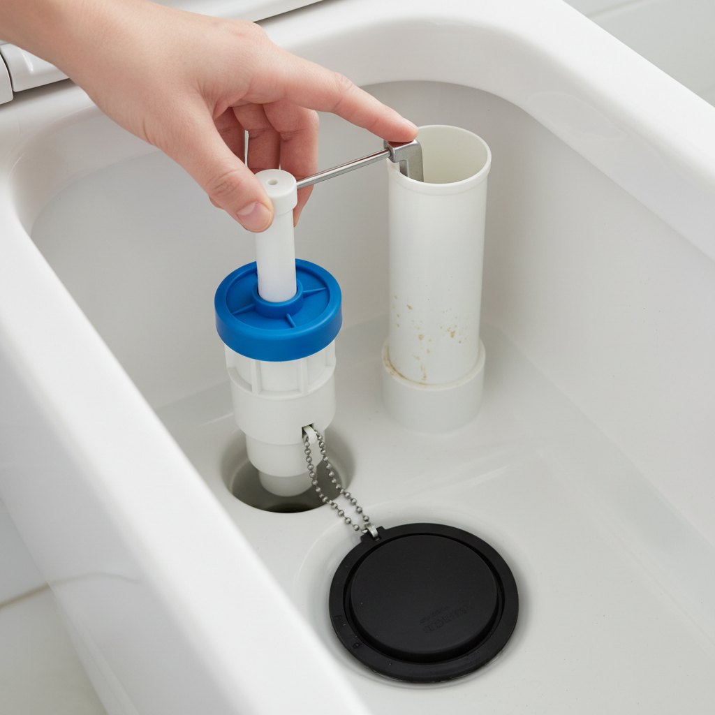 Inside a toilet tank showing the water level, fill valve, and flapper, being adjusted by a homeowner's hand
