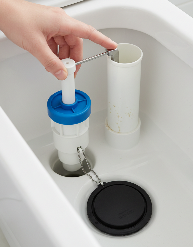 Inside a toilet tank showing the water level, fill valve, and flapper, being adjusted by a homeowner's hand
