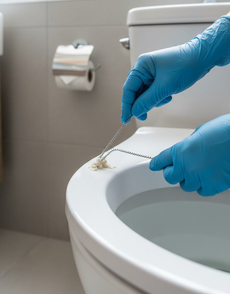 Person clearing mineral buildup from toilet rim jets with wire