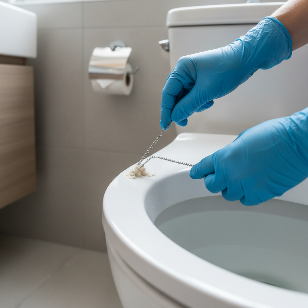 Person clearing mineral buildup from toilet rim jets with wire