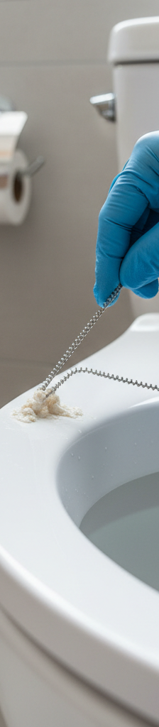 Person clearing mineral buildup from toilet rim jets with wire