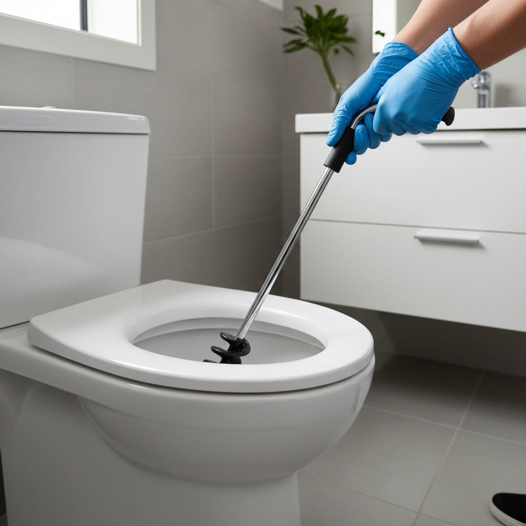 Homeowner using a toilet auger to clear a frequently clogging toilet drain.